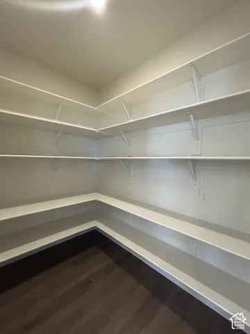 Walk-in pantry featuring expansive white shelving and dark wood-finish flooring