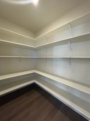 Walk-in pantry featuring expansive white shelving and dark wood-finish flooring