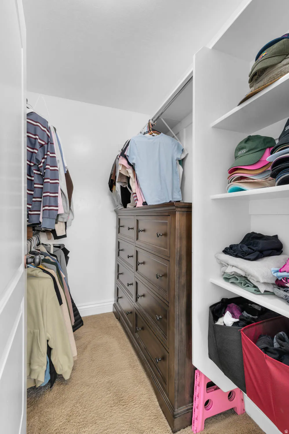 Walk-in closet featuring built-in white shelving, hanging rods, and neutral-toned carpeting