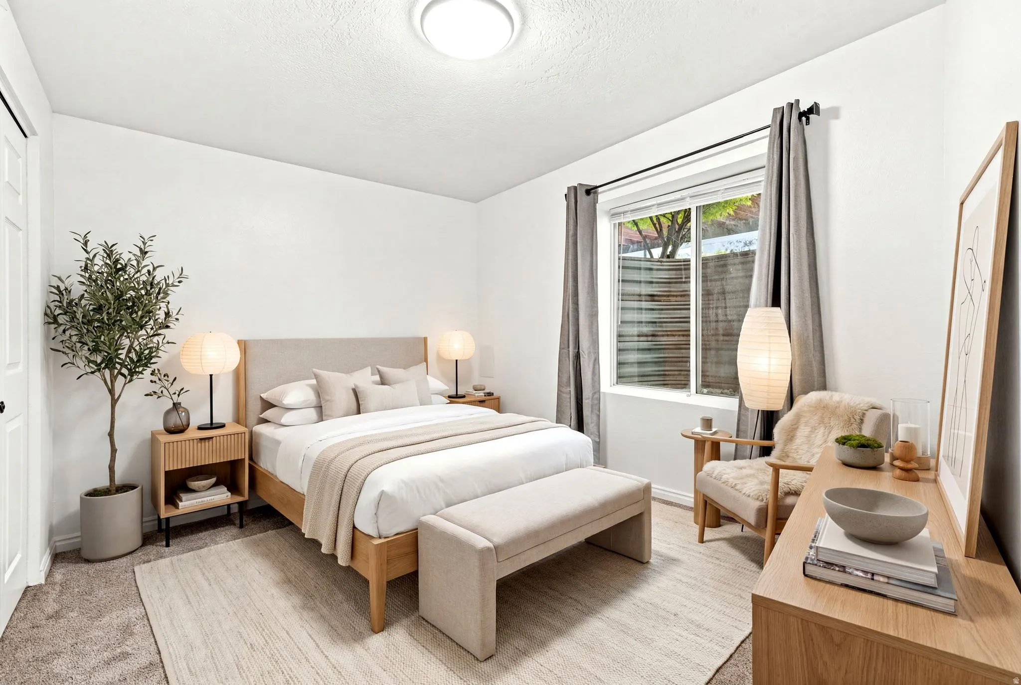 Carpeted room featuring a window with blinds and drapes, a flush-mount ceiling light, and white painted walls
