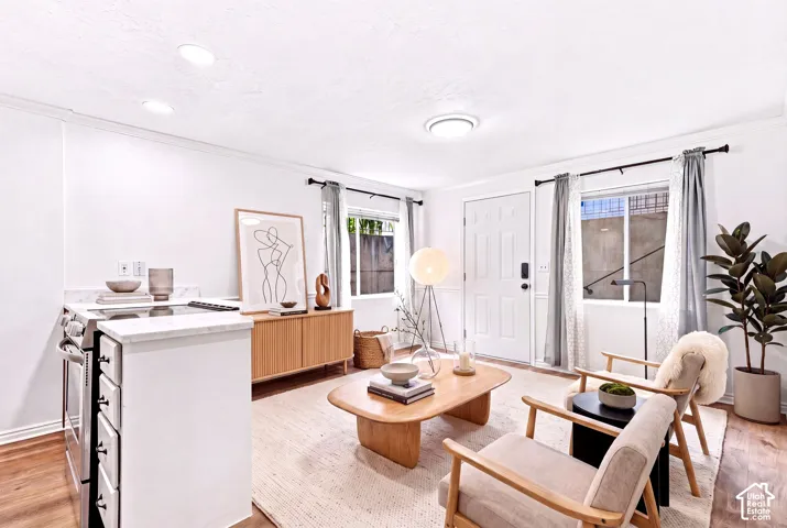 Bright living area featuring white walls and wood-finish flooring