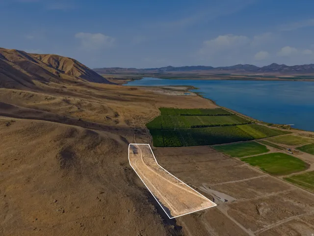 Expansive sloped lot outlined in white, featuring natural terrain