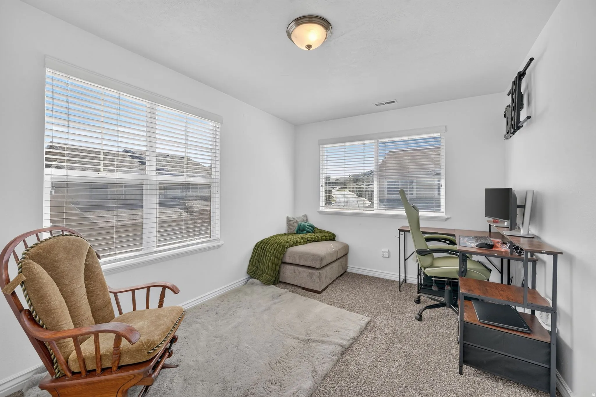 Bright interior space featuring two windows with horizontal blinds, neutral wall paint, and overhead flush-mount lighting