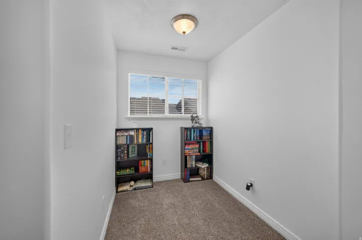 Bright room featuring a single window with horizontal blinds, neutral carpet flooring, and a ceiling-mounted light fixture
