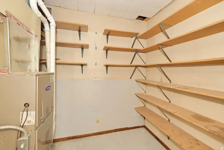 Utility area featuring extensive built-in shelving, a forced air furnace, and exposed PVC piping