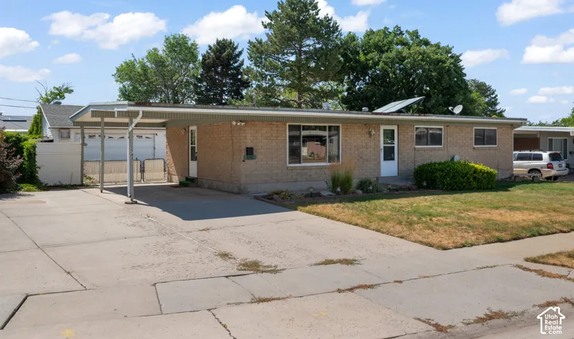 Single-story brick exterior featuring a concrete driveway, an attached carport, and a low-pitch roof