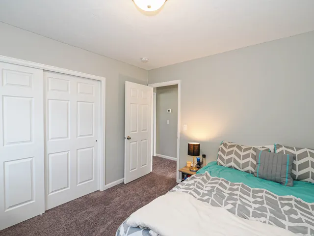 Neutral-toned walls and plush carpet flooring