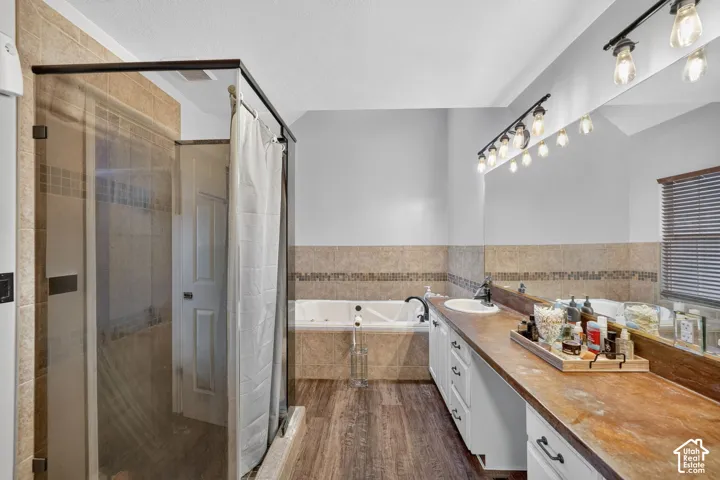 Bathroom featuring a wood-finish double vanity with white cabinetry, a large built-in mirror with track lighting, and a garden tub