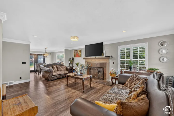 Spacious living room featuring wood-finish flooring, a fireplace with a detailed mantel and hearth, and crown molding