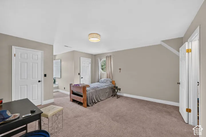 Carpeted room featuring neutral-toned walls, white trim, and multiple panel doors