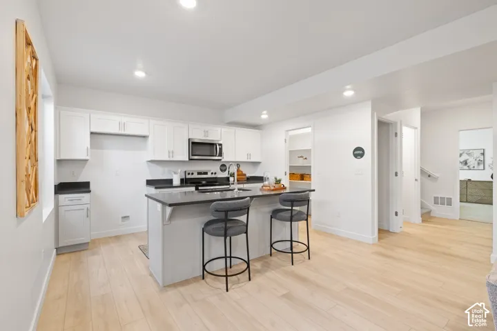 ADU kitchen featuring white cabinetry, dark countertops, and stainless steel appliances