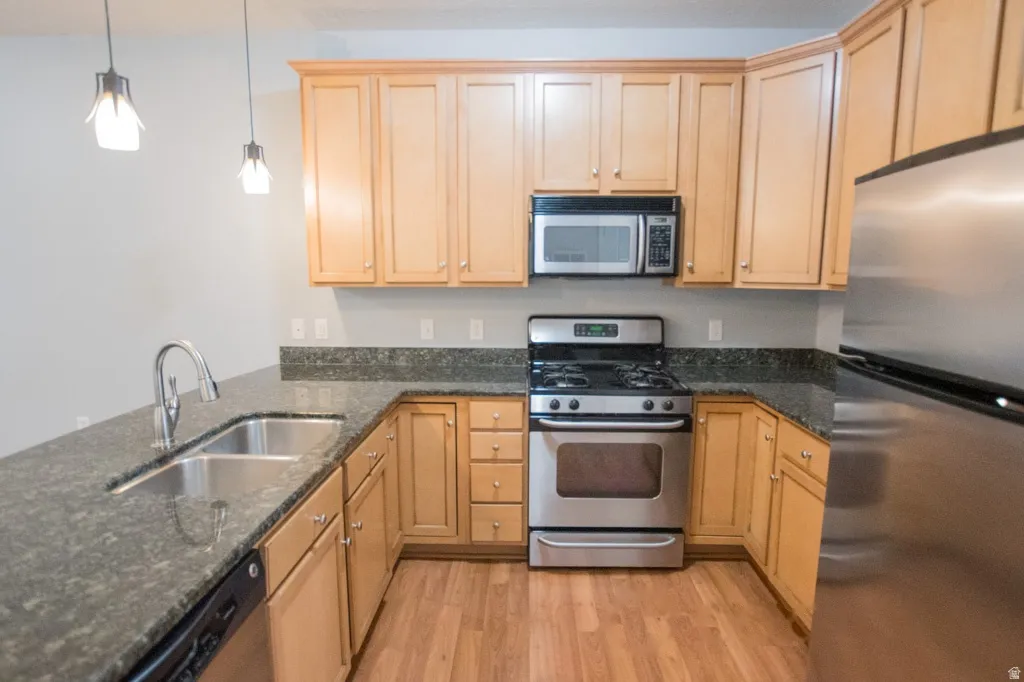 Kitchen featuring wood-finish flooring, light wood cabinetry, stone countertops, stainless steel appliances, and a double basin sink with a gooseneck faucet