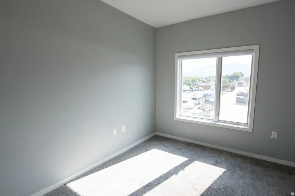 Spacious room featuring a large window, neutral gray wall paint, white trim, and soft carpeting
