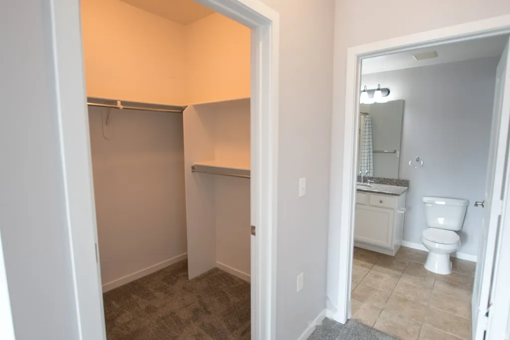 Walk-in closet featuring carpet flooring, built-in shelving, and hanging rods