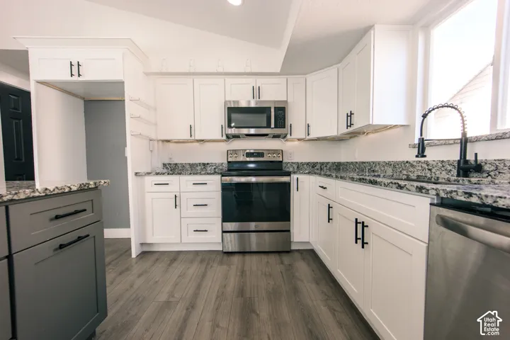 Kitchen featuring white shaker-style cabinetry, speckled stone countertops, wood-finish flooring, stainless steel appliances, and a matte black gooseneck faucet