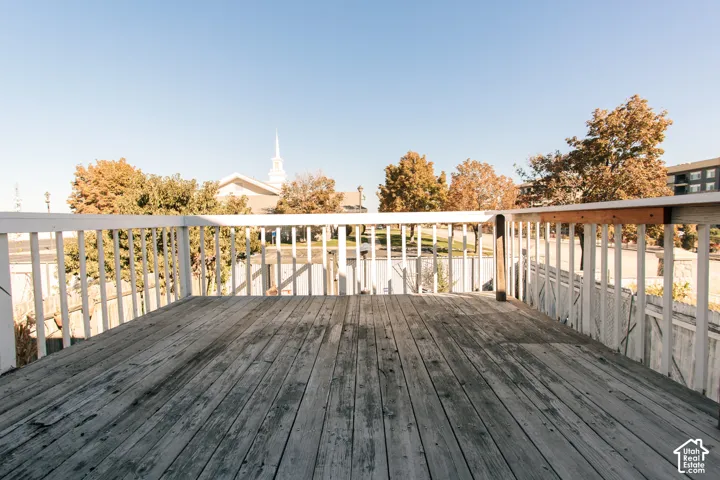 Outdoor deck featuring wood-plank flooring and a perimeter white railing