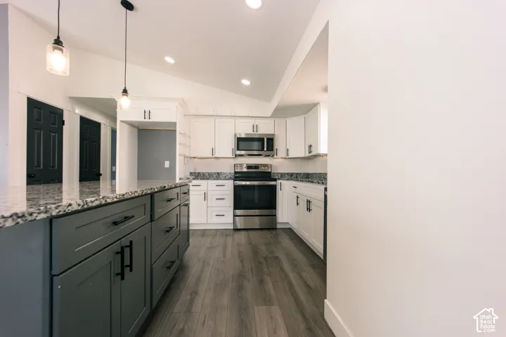 Kitchen featuring wood-finish flooring, two-tone cabinetry with contrasting center island, stone-surface countertops, stainless steel appliances, and pendant lighting