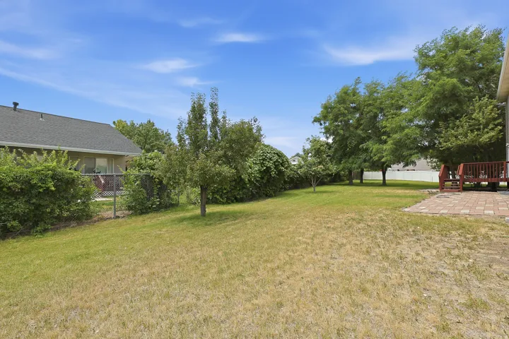 Spacious backyard featuring a chain-link fence, mature trees, and a paver patio