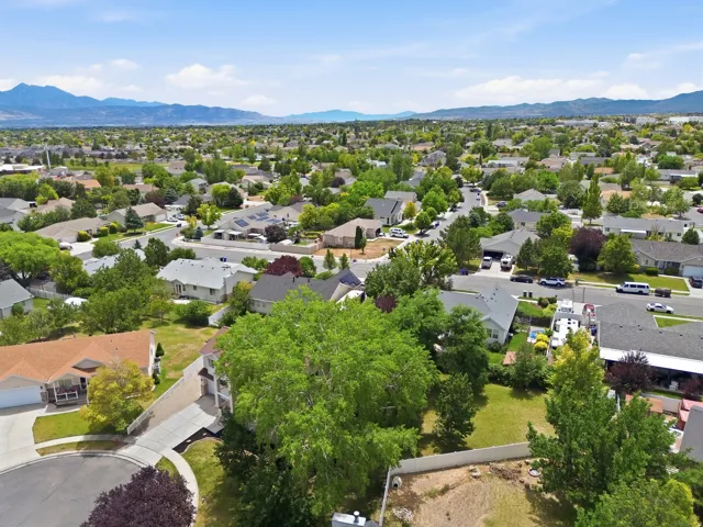 Expansive residential neighborhood featuring numerous single-family homes, mature tree coverage, and mountain scenery in the distance