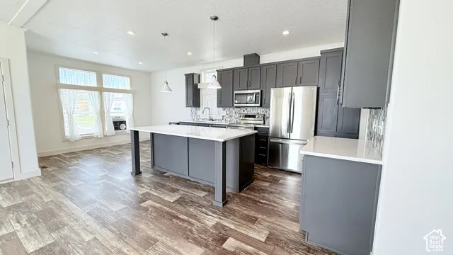 Open-concept living area featuring wood-finish flooring, recessed lighting, and a kitchen with dark cabinetry, light countertops, and stainless steel appliances