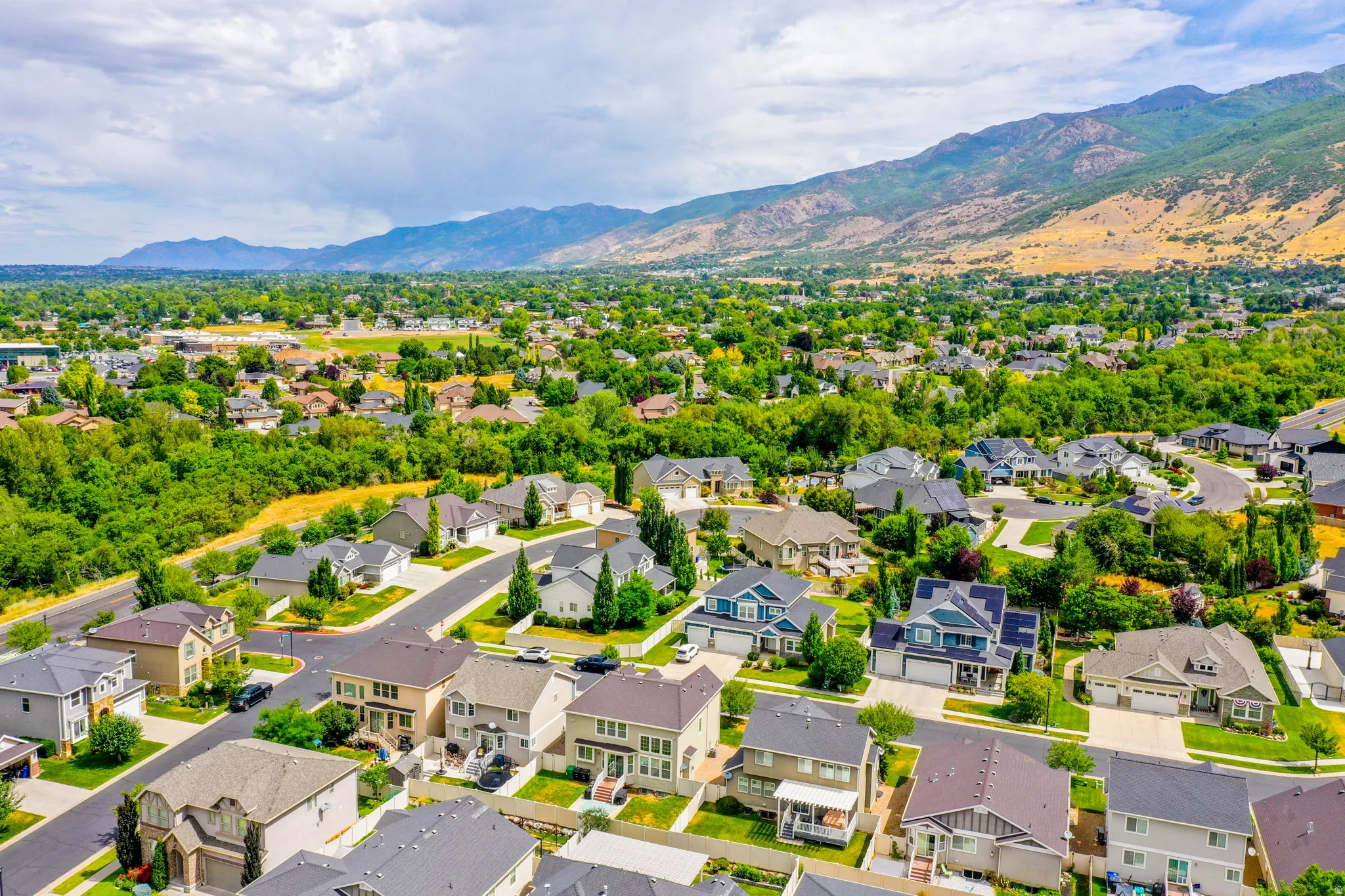 Expansive residential area featuring numerous single-family homes, mature trees, and paved streets