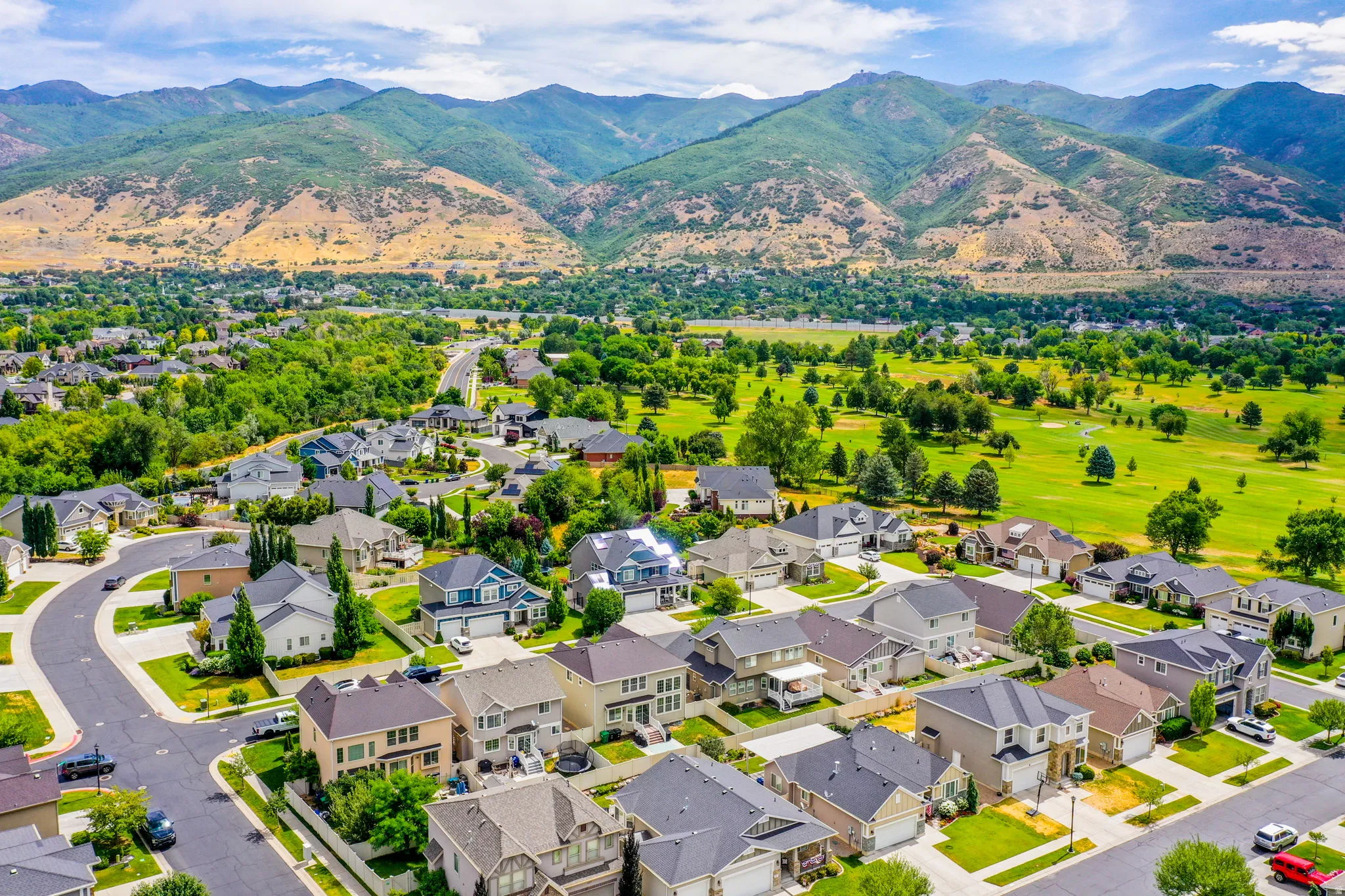 Aerial perspective showcasing a residential community with varied architectural styles and mature landscaping