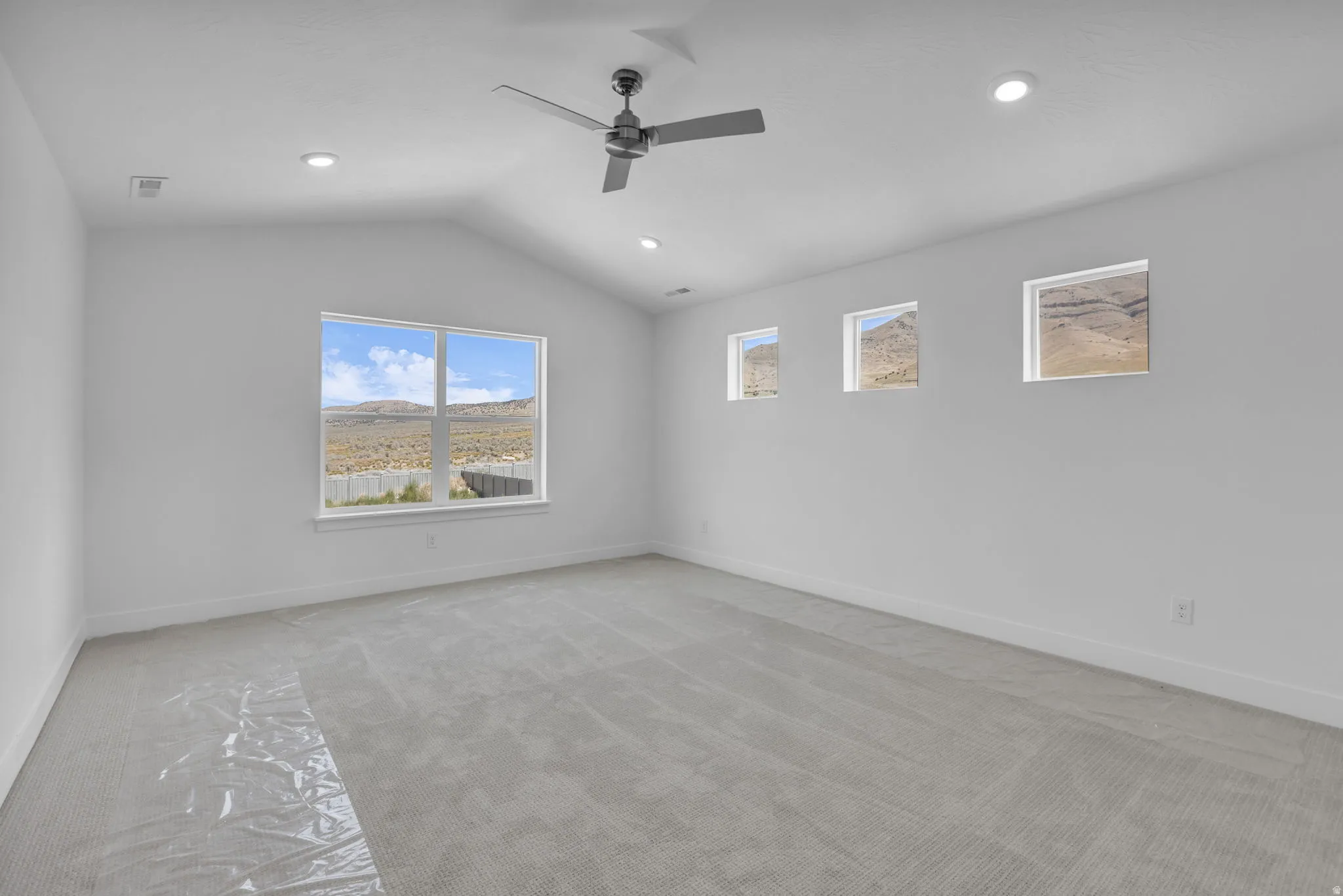 Spacious primary bedroom featuring vaulted ceiling.