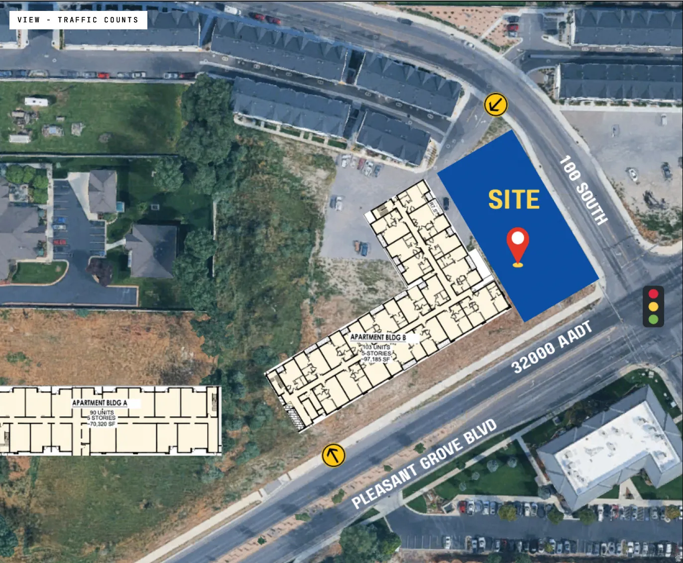 Site Plan. Illustrating property boundaries, proposed building layouts, and traffic data