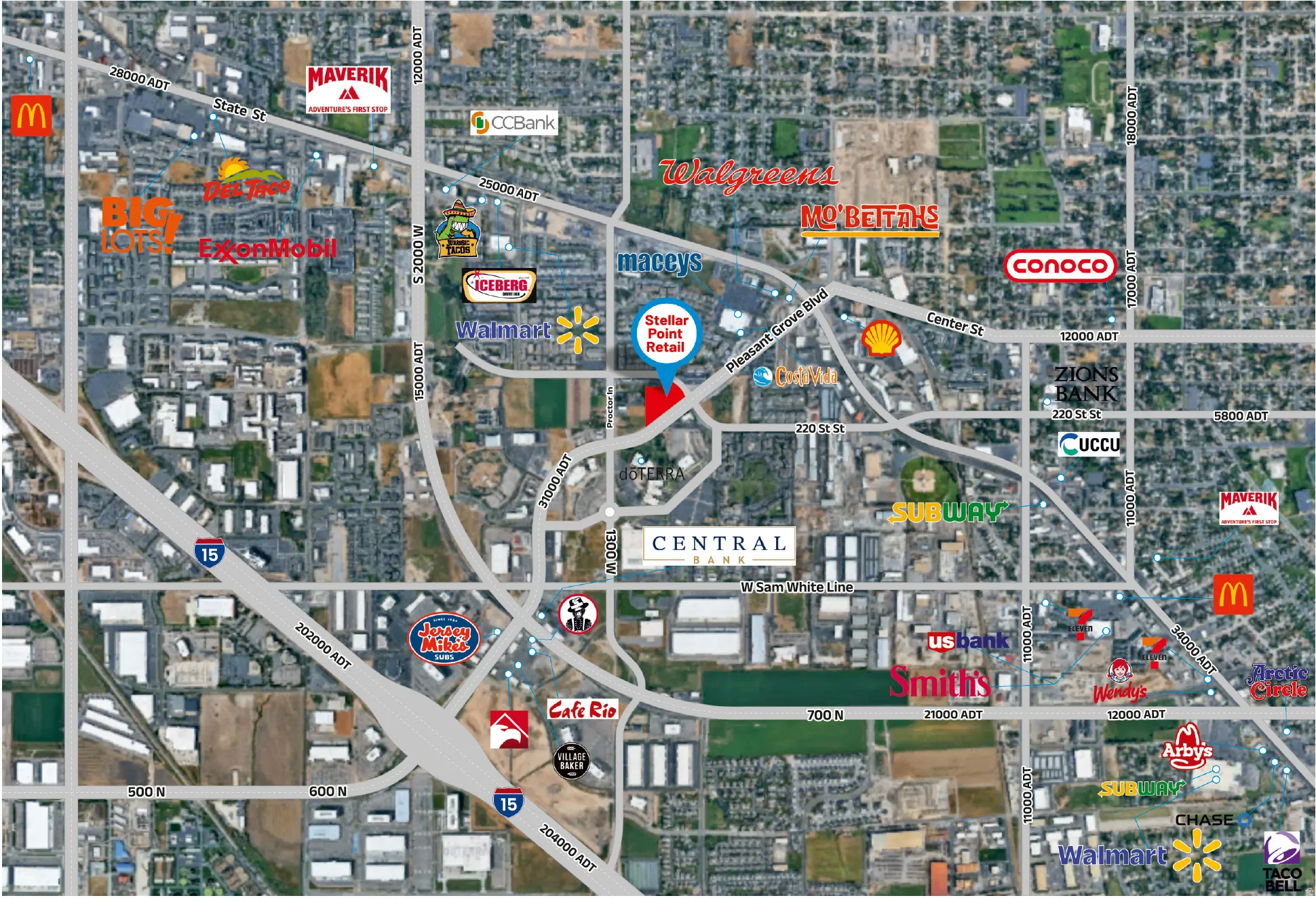 Aerial Map. Illustrating the location of the property within a commercial area with marked entities and traffic counts