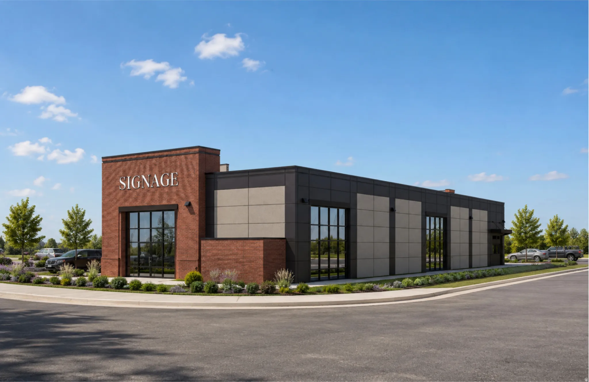 Modern commercial building featuring a brick facade with signage, large storefront windows, gray paneling, and established landscaping