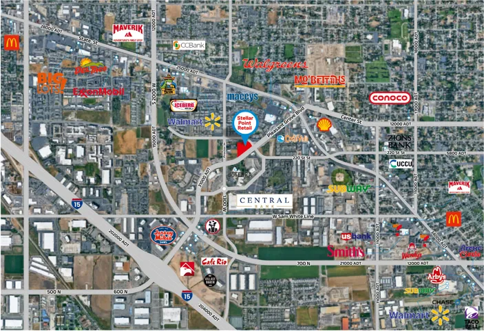 Aerial Map. Illustrating the location of the property within a commercial area with marked entities and traffic counts