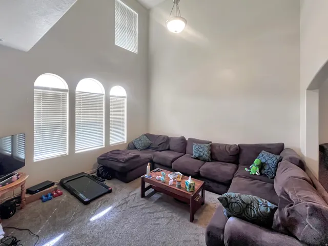 Living area featuring a high vaulted ceiling, arched with plenty of natural light