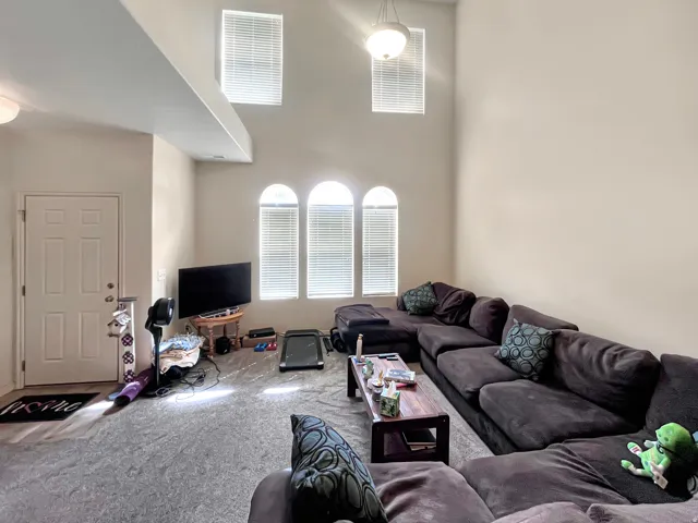 Living area featuring a high vaulted ceiling, arched with plenty of natural light