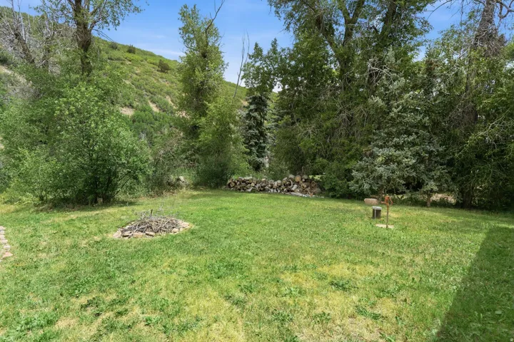 Grassed backyard with a stone fire pit, mature perimeter trees, and a distant hillside backdrop