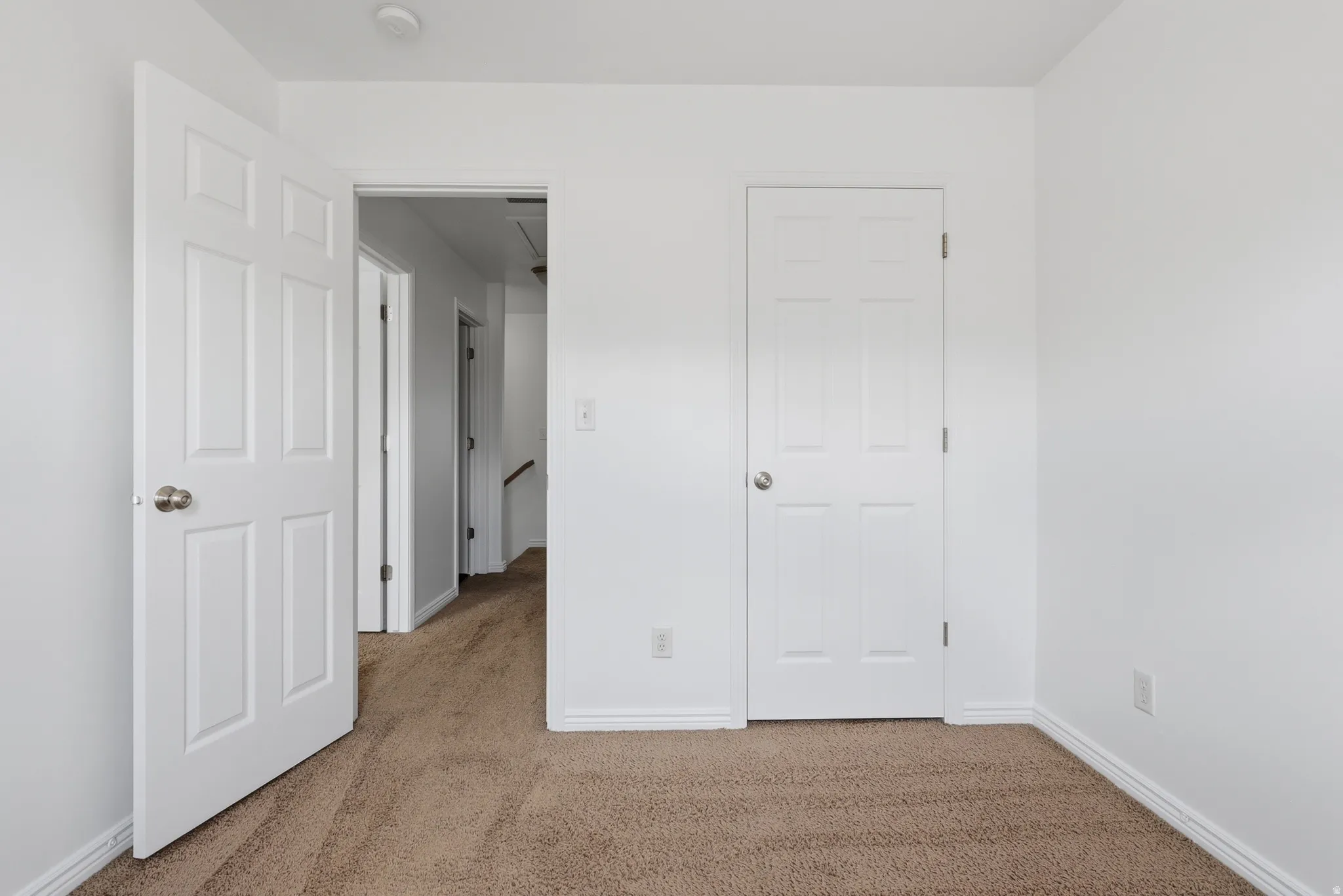 Wall-to-wall brown carpeting, white baseboards, and a white six-panel door with a brushed nickel knob