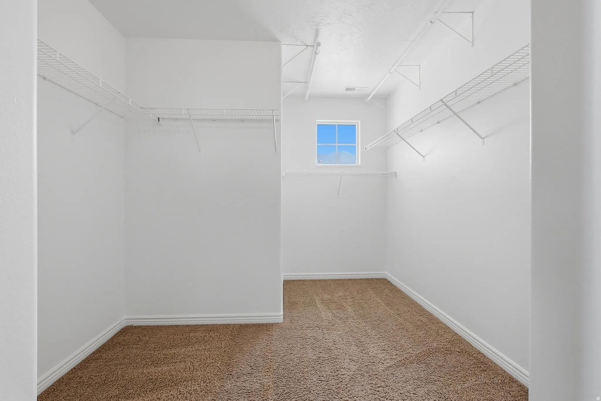 Spacious walk-in closet featuring light brown carpeting, white walls, and built-in wire shelving