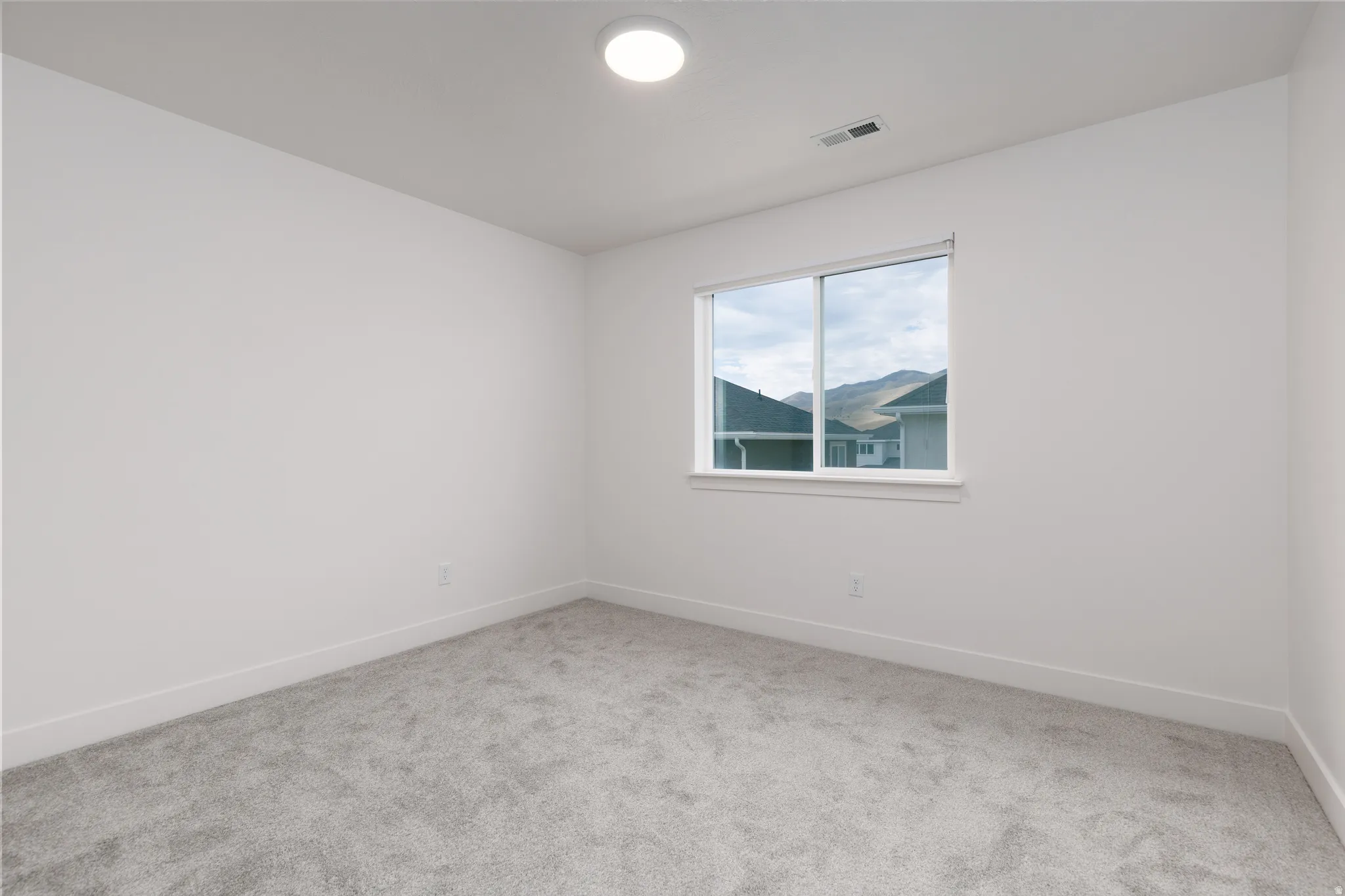 Bright interior room featuring a large window, light gray carpeting, crisp white walls, white baseboards, and a flush-mount ceiling light