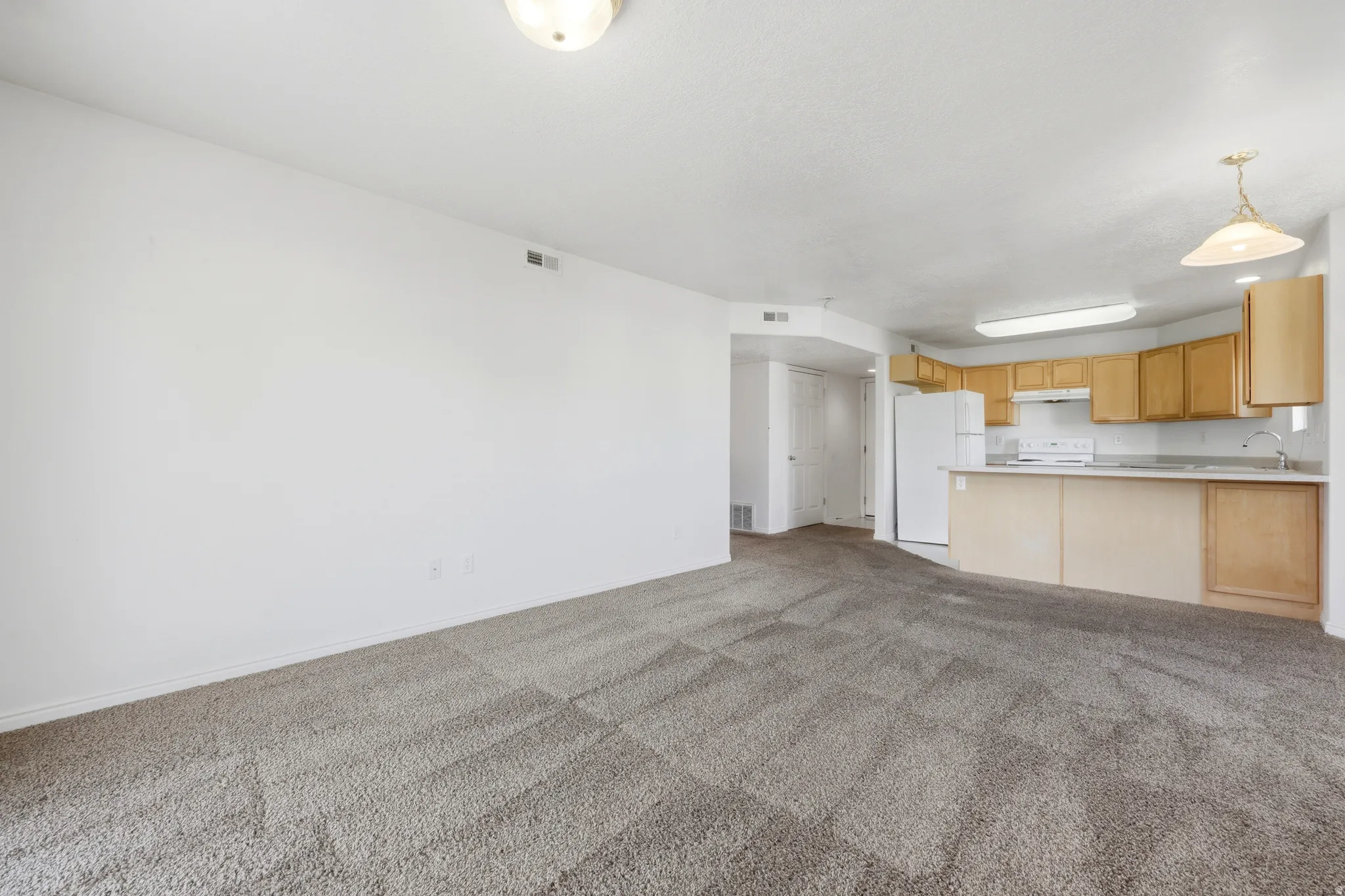 Open-concept living space featuring neutral-toned carpet, a kitchen with light wood cabinetry, a white stove, and a white refrigerator
