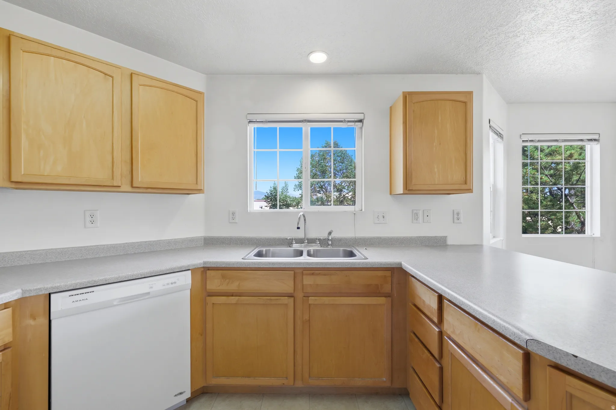 Kitchen featuring light wood cabinetry, light-colored countertops, a double basin stainless steel sink, and a white dishwasher