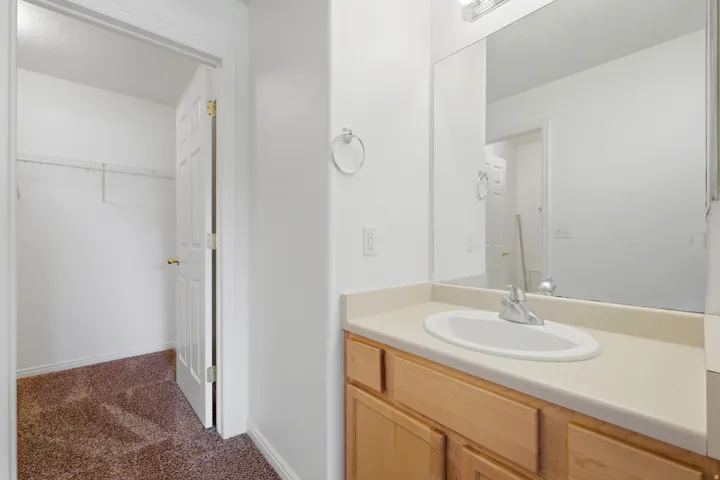 Bathroom vanity featuring a light wood-finish cabinet, integrated sink, and large wall-mounted mirror
