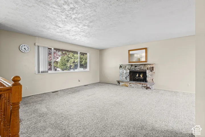 Spacious room with light-toned wall paint, textured ceiling, and gray carpeting