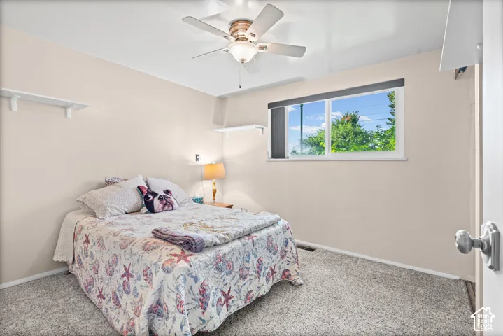 Bedroom featuring a ceiling fan with integrated lighting, a window with a blue-sky and tree-top backdrop, and neutral wall tones