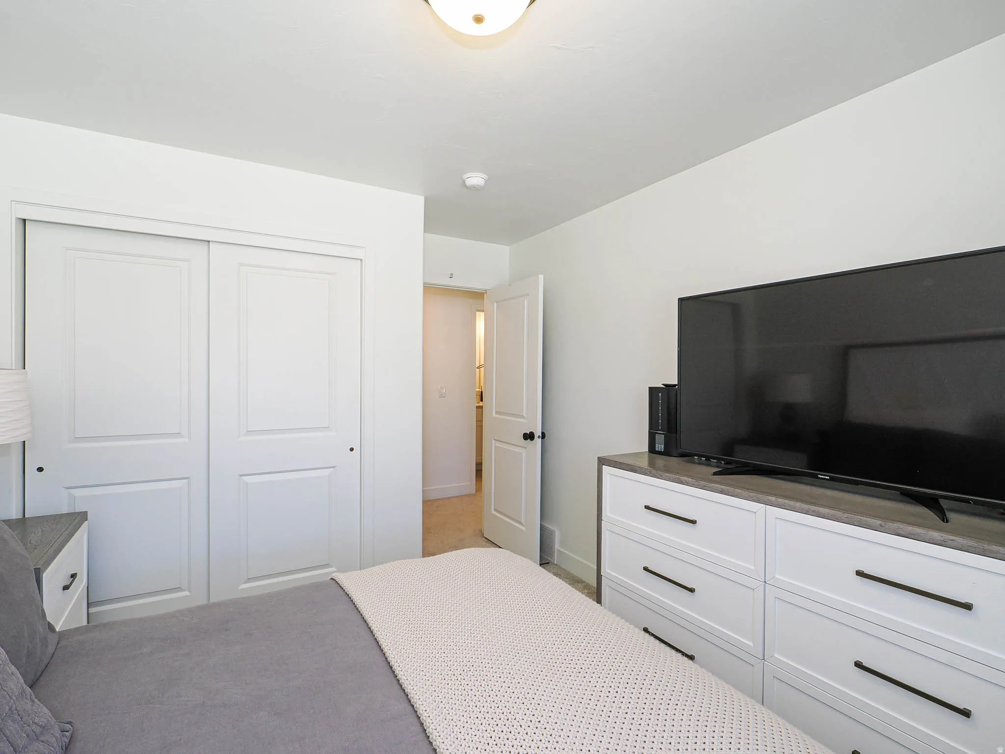 White sliding closet doors with paneled detailing
