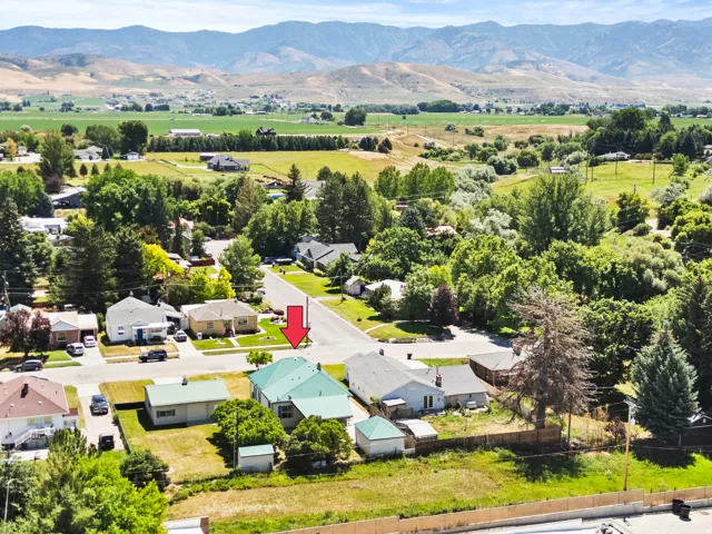 Aerial depiction of a residential neighborhood with distant mountains