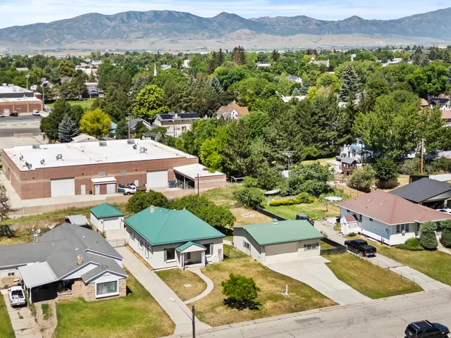 Aerial perspective showcasing a residential street with diverse architectural styles