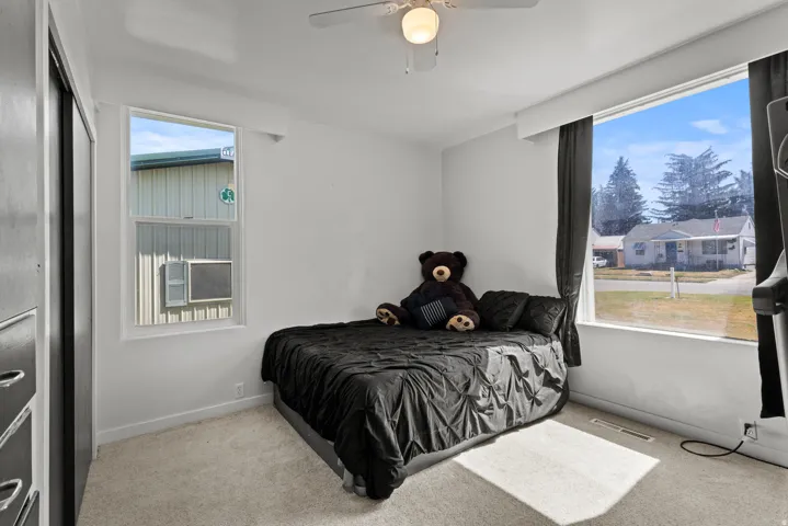 Light-toned wall finishes with carpet flooring, featuring a ceiling fan and multiple windows