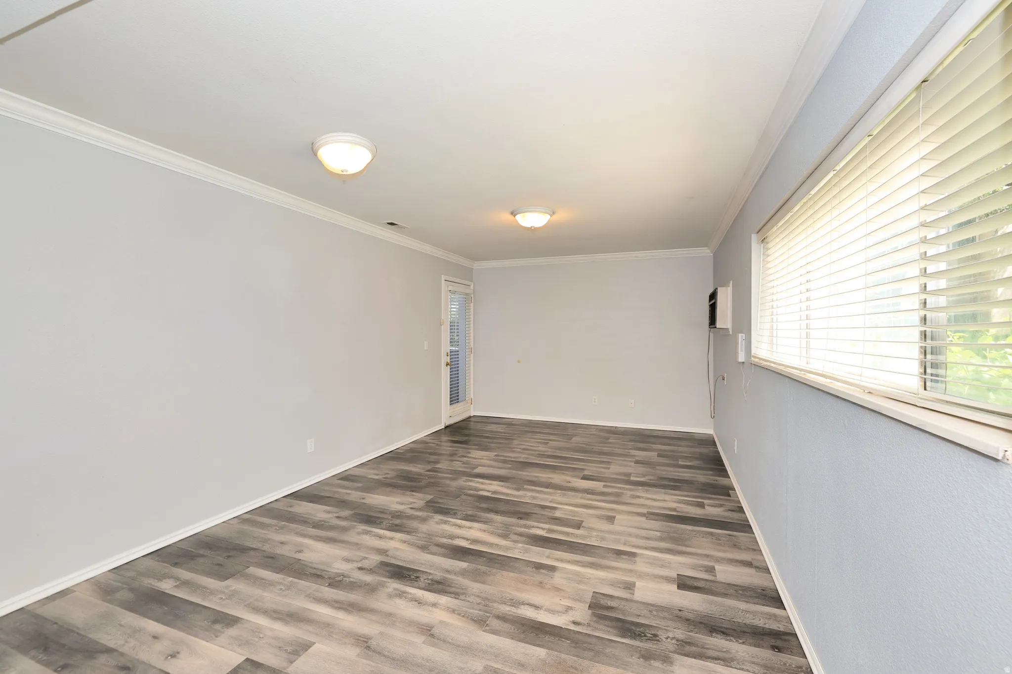 Spacious room featuring wood-finish flooring, light gray walls, white crown molding, and two ceiling-mounted dome lights