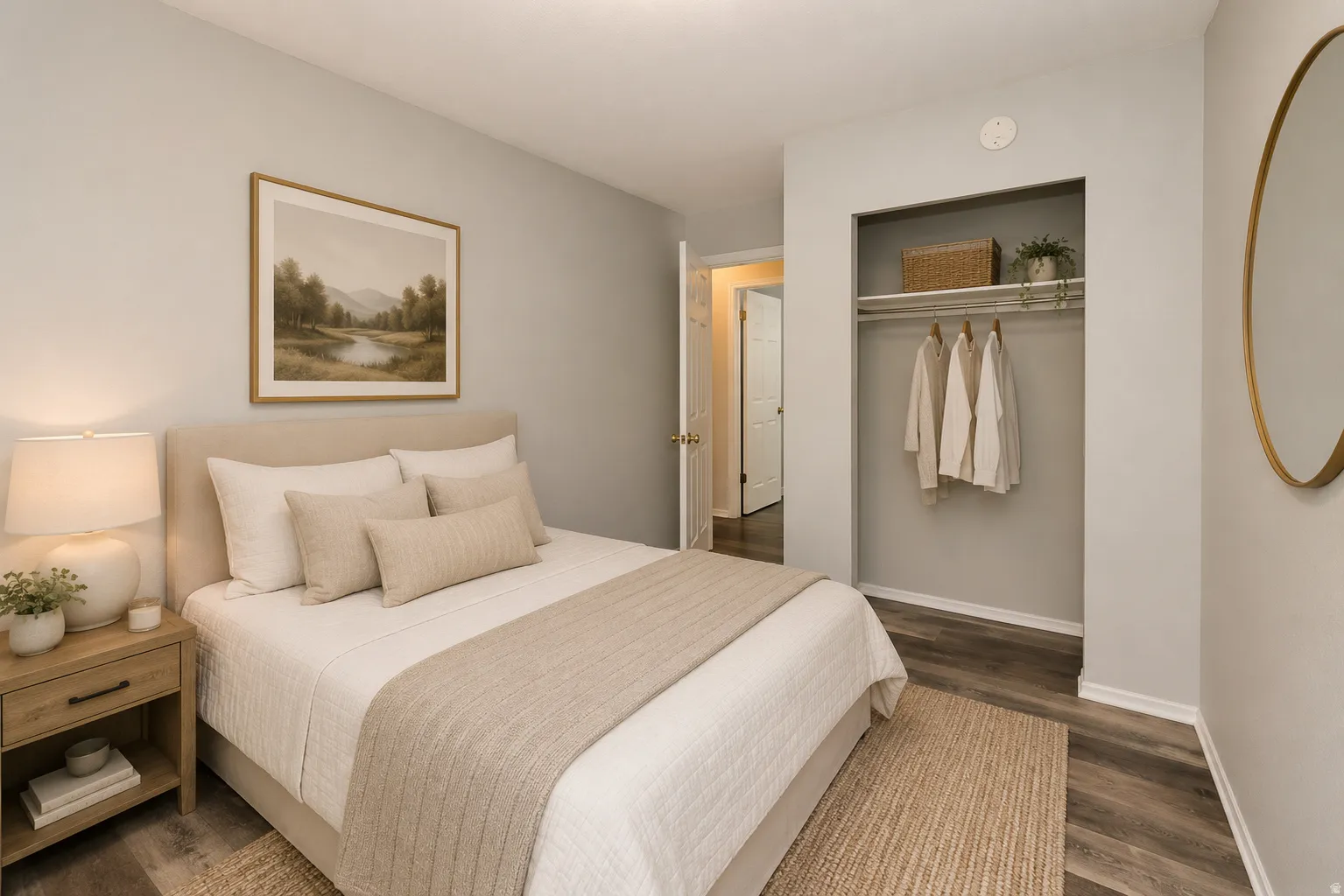 Bedroom featuring wood-finish flooring, light grey walls, and a recessed closet with shelving and a hanging rod