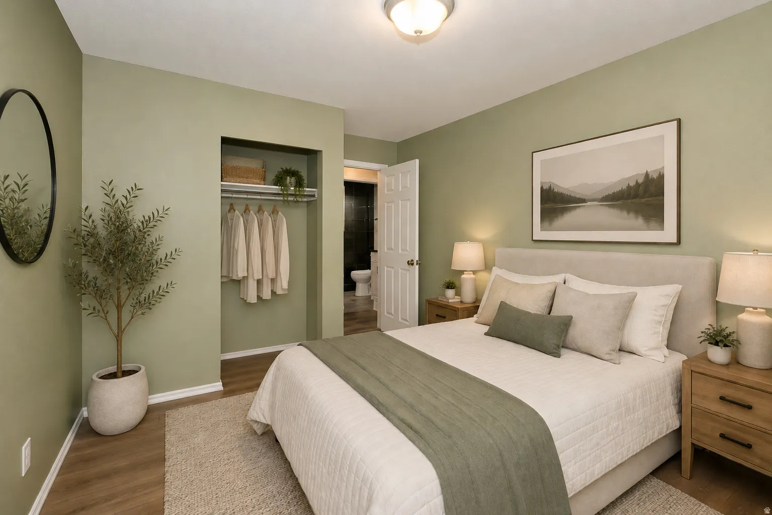 Bedroom featuring light green walls, wood-finish flooring, a built-in open closet, and a white paneled door
