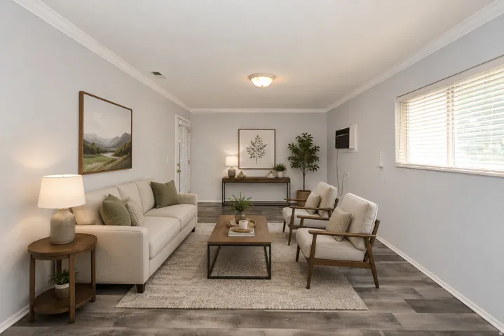 Spacious interior room featuring wood-finish flooring, light-colored walls, white crown molding, and a large window with blinds